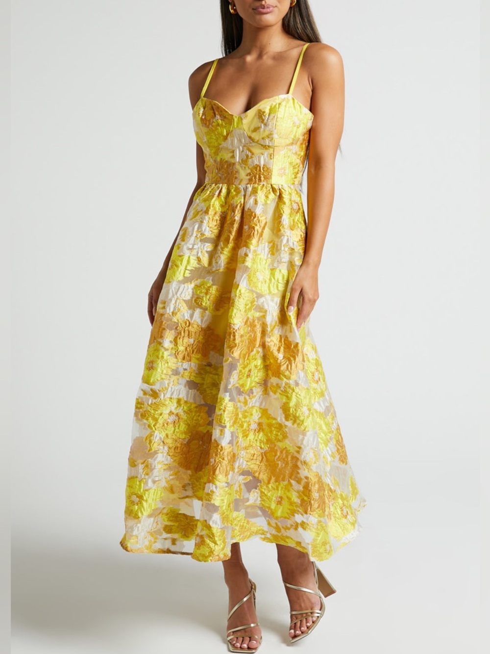 SHOWPO NWT BRAILEY MIDI DRESS Aline Corset Detail Dress In Yellow Size 2 - Picture 2 of 10